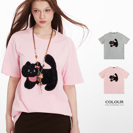 HeyHenry Men's Rabbit Fur Paste Embroidered Cat Loose Crew Neck Short Sleeve T-shirt Women's Fun Couple Top