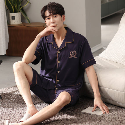 New Cotton Pajamas Men's Summer Short-sleeved Shorts Cardigan Lapel Home Clothes Summer Plus Size Loose Set