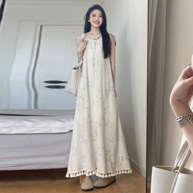 New Chinese Style Light Guofeng Skirt Hem Tassel Elegant Sling Loose Cool Zen dress Seaside Vacation