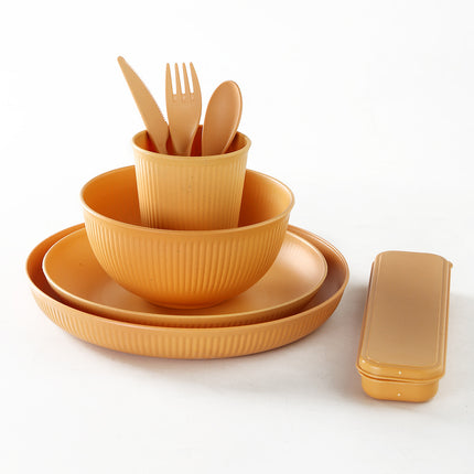 Amazon Special Wheat Straw Household Plastic Dinner Plate Round Rice Bowl Cup Spoon Fork Tableware Gift 16 Pieces suit