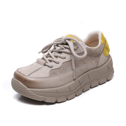 Jishu 25 Autumn New Style Genuine Leather Comfortable Thick-Soled Lightweight Casual Shoes Women's First-Layer Cowhide Lace-Up Mid-Heel Handmade Shoes