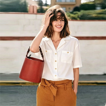 Summer Special Offer: Retro Simple Suit Collar White Short-Sleeve Silk Shirt for Women, Sand-Washed Double-Pocket Shirt with Metal Buttons