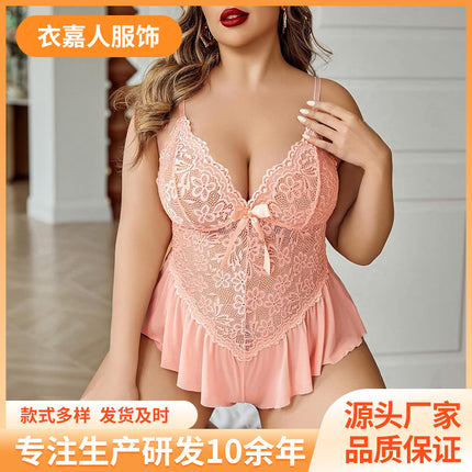In-Stock Sexy Transparent Lace Bow Strap Bodysuit Lingerie Deep V Plus-Size Sleepwear Dress Wholesale