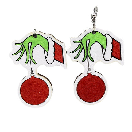 Cross-border new European and American Christmas Grinch wooden earrings green fur strange Christmas gift drop wooden earrings earrings