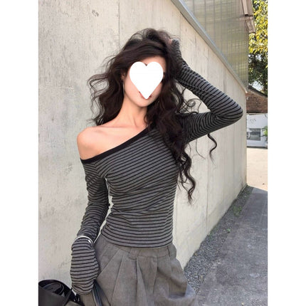 Autumn and Winter Sexy Style Striped Off-Shoulder Long-Sleeve Women's Short Slim-Fit Top with Removable Chest Pads Versatile Top