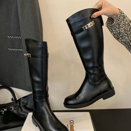 Cowhide Long Boots for Women, Knight Boots with Buckle, British Style, Chunky Heel, Thick Sole, Genuine Leather High Boots
