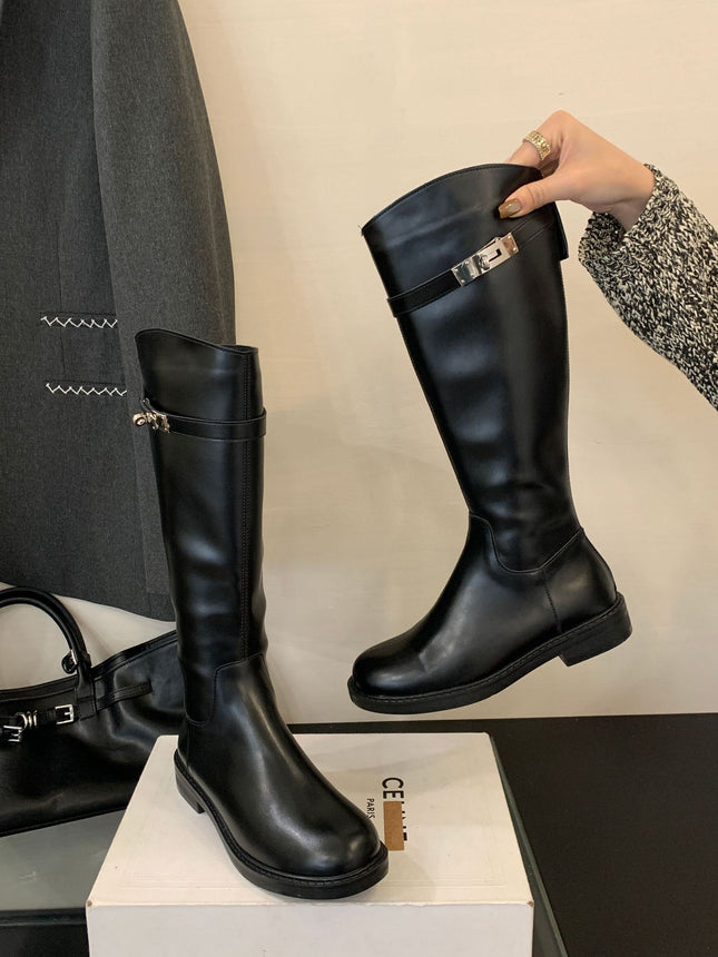 Cowhide Long Boots for Women, Knight Boots with Buckle, British Style, Chunky Heel, Thick Sole, Genuine Leather High Boots
