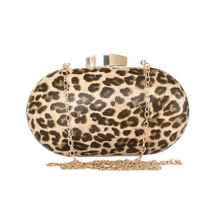 Cross-Border New Pure Handmade Classic Leopard Print Evening Bag Pu Banquet Evening Party Evening Bag Egg-Shaped Women's Bag Wholesale