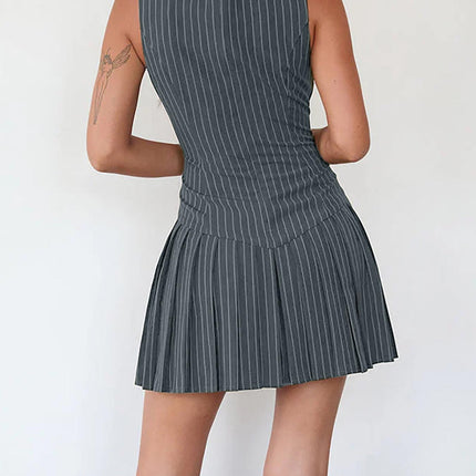 2025 spring European and American-style cross-border round neck sleeveless ladies pinstripe mini pleated skirt dress