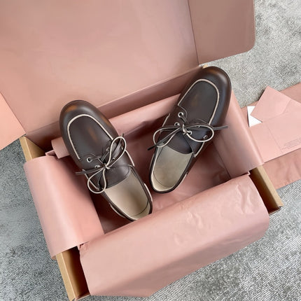 [High-End Private Edition] Niche Style Flat Loafers Women's Handmade Vintage Brown Leather Shoes with Bowknot