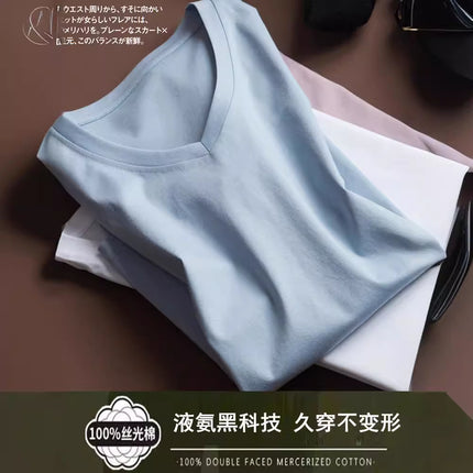 Pure 80-Count Double-Sided Mercerized Cotton Short-Sleeved T-Shirt Women's Cotton Loose 2023 Age-Reducing Short Black Technology White T-Shirt Trendy