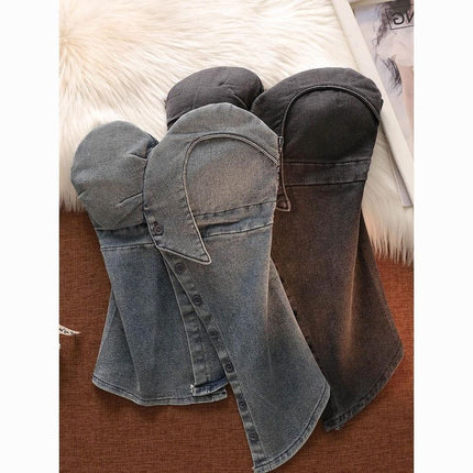 Pure Desire Hot Girl Denim Tube Top Camisole Women's Summer Outerwear with Breast Pad Asymmetrical Sexy Wrap Chest Short Top
