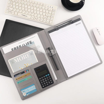 A4 Leather File Clipboard with 8-Digit Calculator Multi-Functional Manager Clip Car 4S Shop Folder to Make Log Storage