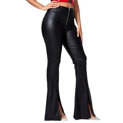 2025 Cross-Border Supply Women's Casual Leather Pants Pu Leather Slit Pants Amazon Wish Wholesale Supply Ready for Sale