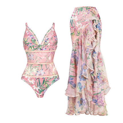 2024 Europe and America Amazon AliExpress one-piece swimsuit Mini ruffled mesh stitching printed swimsuit 2560