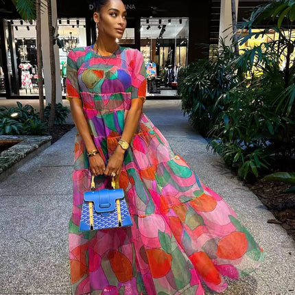 31272 cross-border supply of European and American women's new Amazon independent station wholesale hot mesh printing dress