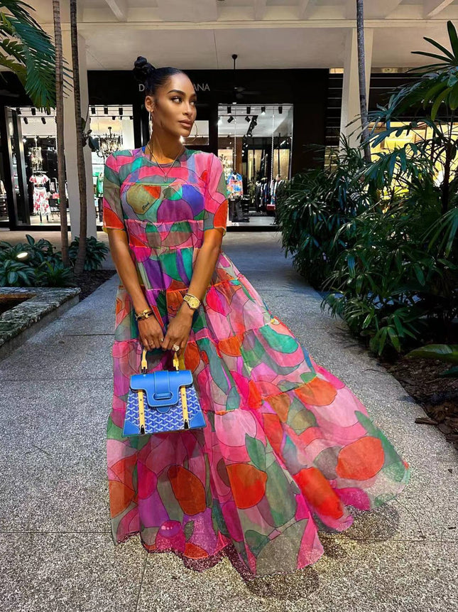 31272 cross-border supply of European and American women's new Amazon independent station wholesale hot mesh printing dress