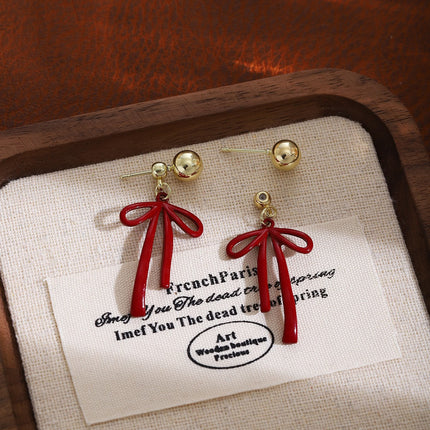 925 Silver New Wine Red Flocking Earrings Elegant Atmosphere Bow Rose New Year Spring Festival Chinese Style Earrings