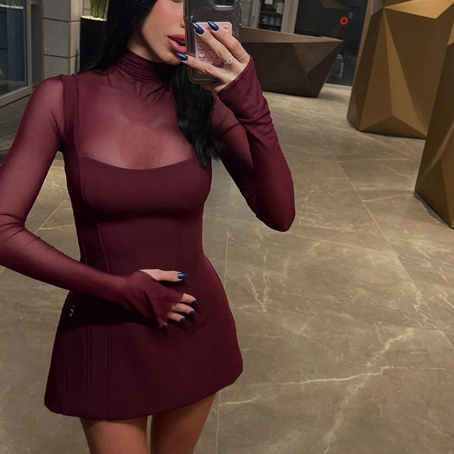 European and American Cross-Border New Women's Clothing Pure Color Long-Sleeved Round Neck See-Through Splicing Fashion Sexy Slim A-Line Dress Trendy