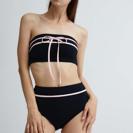 New Style Two-Piece Swimsuit for Women, Contrasting Color Bandeau Two-Piece Bikini, High-Waisted Cross-Border Aliexpress Swimsuit