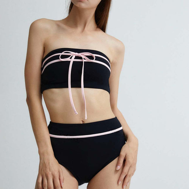 New Style Two-Piece Swimsuit for Women, Contrasting Color Bandeau Two-Piece Bikini, High-Waisted Cross-Border Aliexpress Swimsuit