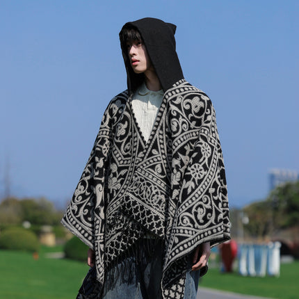 New Cross-Border Retro Cloud Totem Jacquard Ethnic Style Shawl Cloak Sichuan-Xizang Xinjiang Travel Photo Slit Scarf