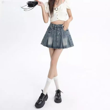 Vintage Blue Denim Pleated Short Skirt for Women Trendy Versatile Summer Petite High-Waisted Slimming Hot Girl A-Line Half Skirt