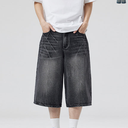 LKTM Men's# American High Street Washed Design Lightning Pattern Denim Shorts Men's and Women's Loose Wide Leg Cropped Pants