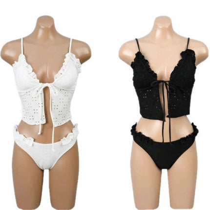 Summer New Swimsuit Women's Lace Cut Out Lace Split Swimsuit Sexy Deep V Slim Bikini Set