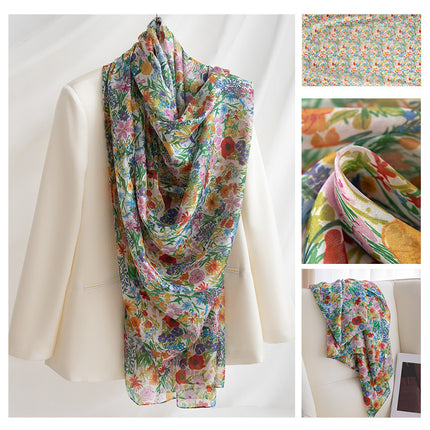 Autumn New Arrival Mulberry Silk Scarf for Women, Green Small Floral Shawl, Long Silk Scarf, Ready for Wholesale
