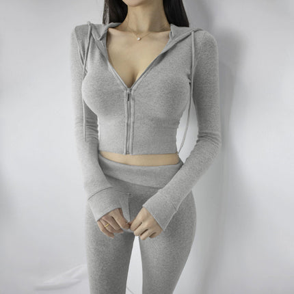 South Korea Dongdaemun slim-fit sexy figure-flattering sports suit women's hooded zipper short coat + flared pants