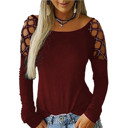 European and American cross-border 2023 autumn and winter women's clothing eBay Amazon wish round neck rhinestone hollow-out long sleeve top T-shirt