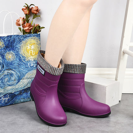 New fashion rain boots Women's Mid-calf warm rain boots non-slip water shoes work rubber shoes adult cotton-padded water boots overshoes