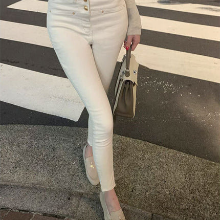 Wuuus [Korean women's leggings] white high waist fleece-lined pipe pants women's autumn and winter nine Denim pants slim