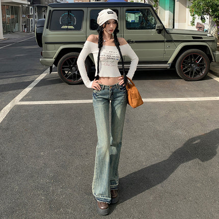 Vintage Micro-La Jeans Women's 2025 New Washed Nostalgic Spice Girls Low Waist Slim-Fit Slimming Horn Mop Pants