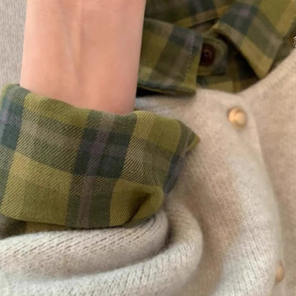 American Retro Green Plaid Shirt Women's Single Wear Stacked Loose Shirt Jacket Couple's Spring and Autumn Long Sleeve Top
