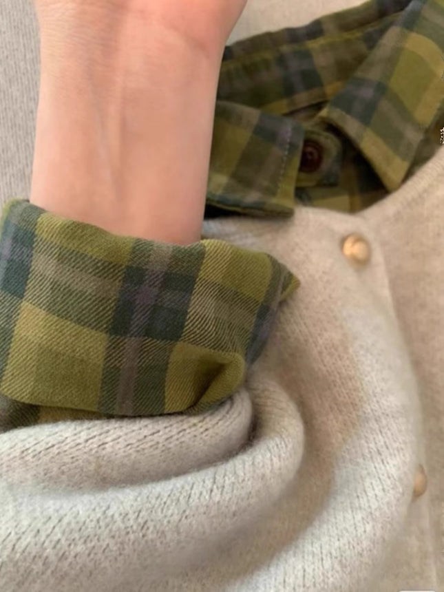 American Retro Green Plaid Shirt Women's Single Wear Stacked Loose Shirt Jacket Couple's Spring and Autumn Long Sleeve Top