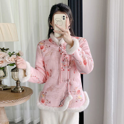 Internet-famous Northeast Big Flower Cotton-padded Jacket Women's Winter New Ethnic Style fleece-lined Thickened Floral Floral Cotton-padded Coat Coat