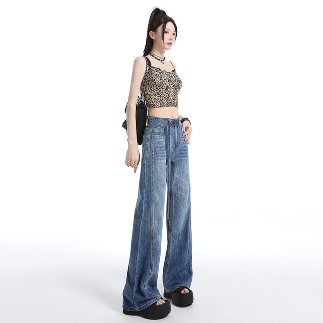 Vintage High-Waisted Distressed Flared Jeans for Women, Loose Fit, Slimming, Versatile, Floor-Length Bell-Bottom Pants