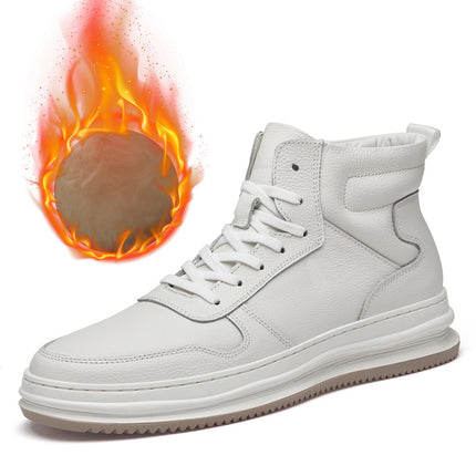 2025 Autumn and Winter Men's High-Top Sneakers, First-Layer Cowhide British Style, Large Size Skateboard Shoes, Thickeneded Cotton Shoes