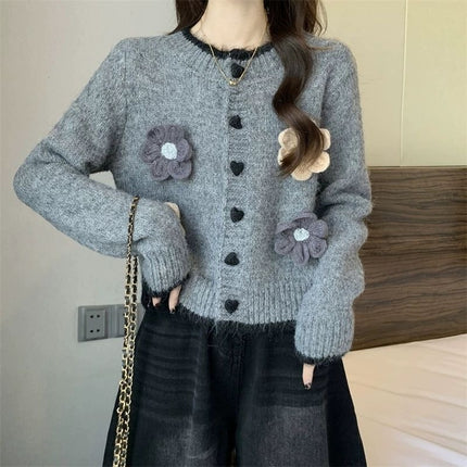 French-Style Floral Round-Neck Sweater Cardigan for Women, Autumn and Winter New Lazy Style Petite Short Knitted Cardigan Trendy