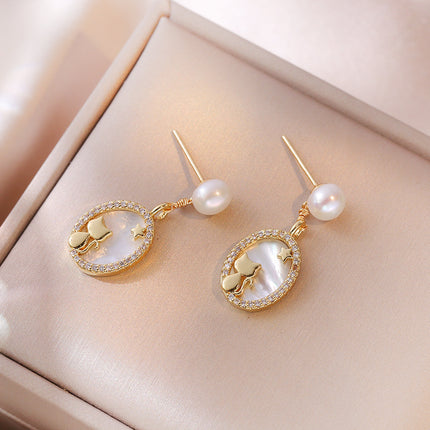 Necklace for Women Korean Style Freshwater Pearl S925 Silver Needle Earrings Mother-Of-Pearl Gold Kitten Fashion Niche Ins Style Necklace