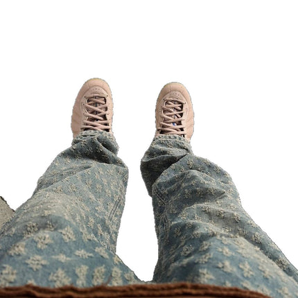 European and American High Street Hip-Hop Pants Trendy Brand Stylish Streetwear Men's Jacquard Full Print Jeans Flared Slim Straight Pants