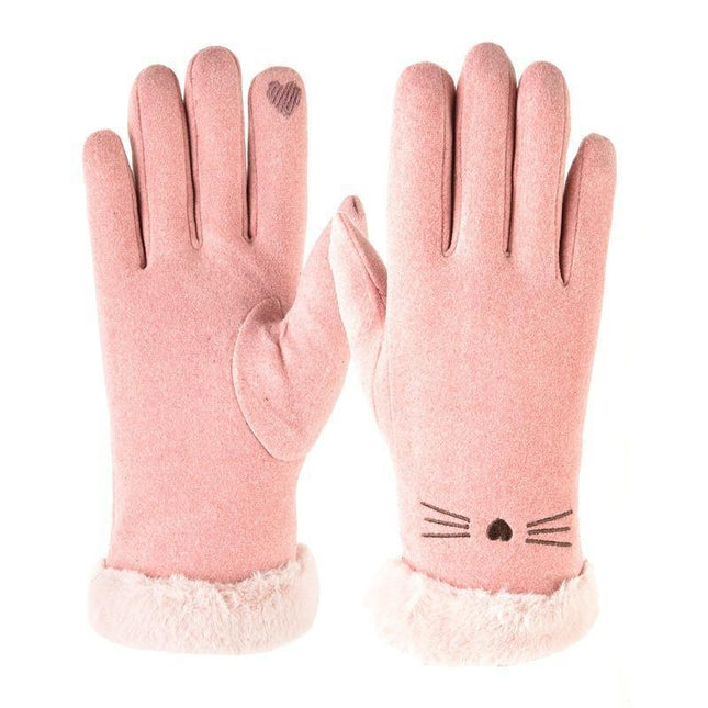 2025 Wholesale Cute Fur Touch Screen Warm Gloves Suede Women's Winter Plus Velvet Thickened Cycling Finger Gloves