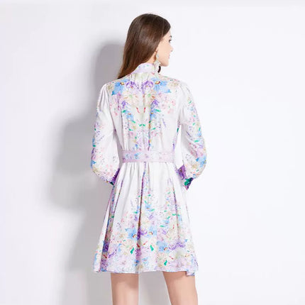 Royal sister fan cross-border 2024 early spring retro court style stand collar single-breasted lantern sleeve waist slimming dress