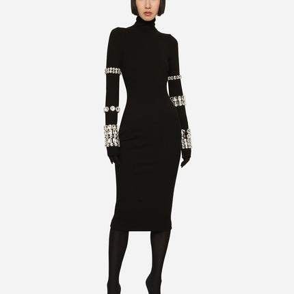 European and American Black Heavy Industry Nail Drill Long Sleeve High Neck Bandage dress Slim-Fit Slimming Knitted Round Neck Women's Autumn and Winter