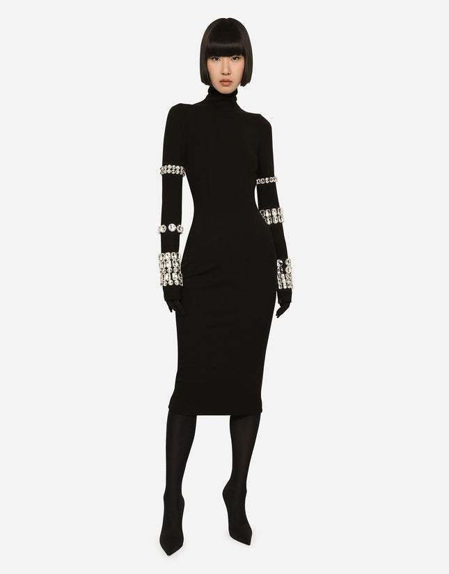 European and American Black Heavy Industry Nail Drill Long Sleeve High Neck Bandage dress Slim-Fit Slimming Knitted Round Neck Women's Autumn and Winter