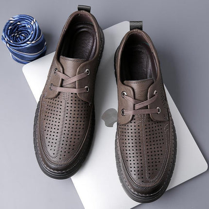 2023 Summer Men's Lace-Up Soft Leather Casual Shoes Hollow Cross-Border Rubber Sole Croc Shoes Baota Breathable Leather Sandals