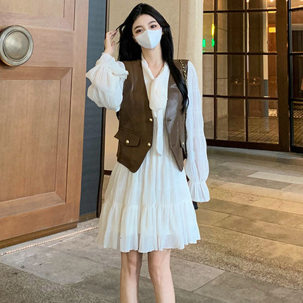 plus size chubby girl autumn new waist slimming French sweet long sleeve dress women's leather jacket two-piece set