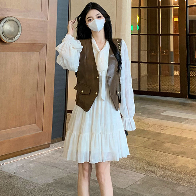 plus size chubby girl autumn new waist slimming French sweet long sleeve dress women's leather jacket two-piece set